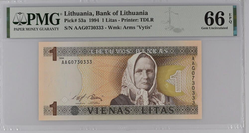 Banknotas - 1 Litas 1994 PMG 66 Serija AAG