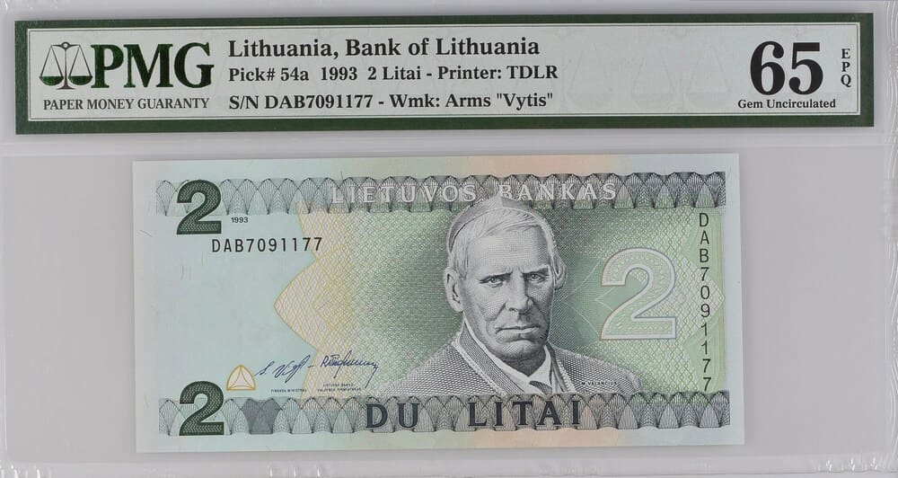 Banknotas - 2 Litai 1993 PMG 65 Serija DAB