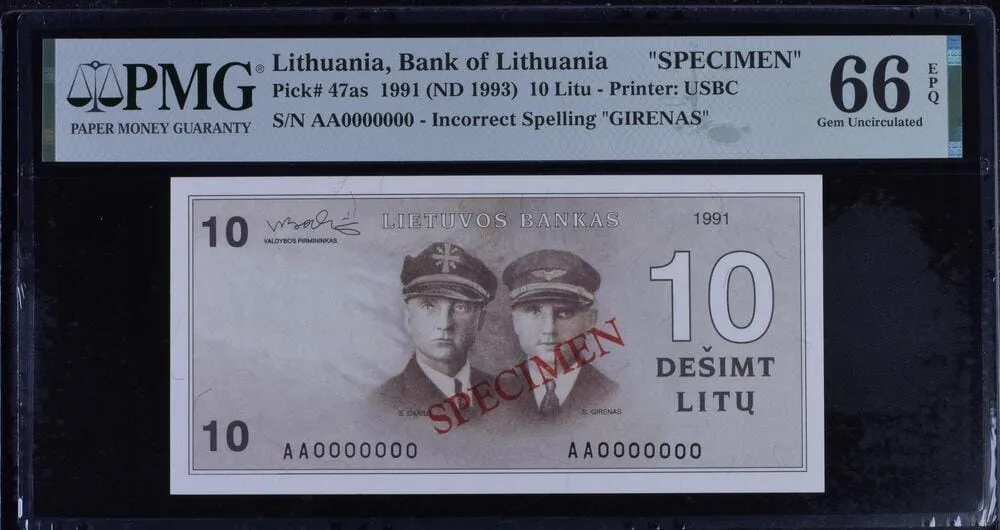 Banknotas - 10 Litų 1991m SPECIMEN PMG 66 Banknotas - 10 Litų 1991m SPECIMEN PMG 66