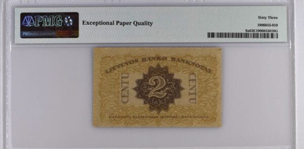 Banknotas - Lietuvos Bankas 2 Centai 1922 PMG 63 UNC EPQ Serija D