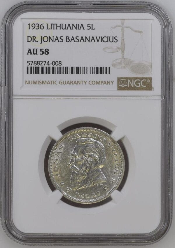 Moneta – 5 Litai 1936 Jonas Basanavicius NGC AU58