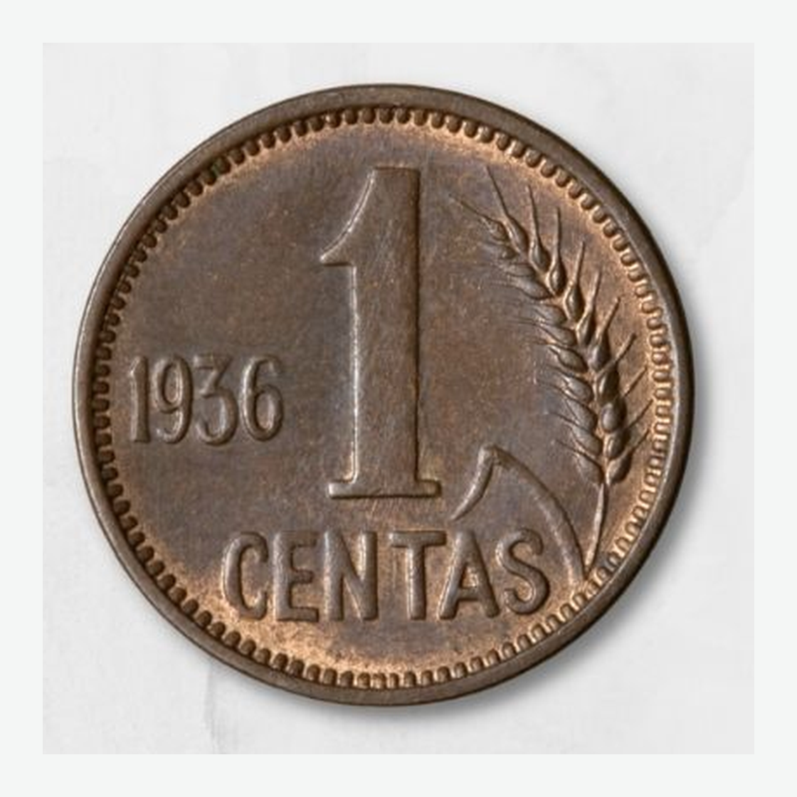 1936 m. Lietuvos 1 centas monetos reversas