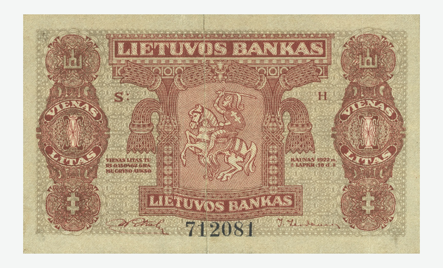 1922 m. Lietuvos 1 lito banknoto aversas