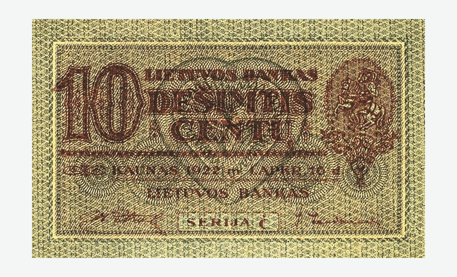 1922 m. Lietuvos 10 centų banknoto aversas