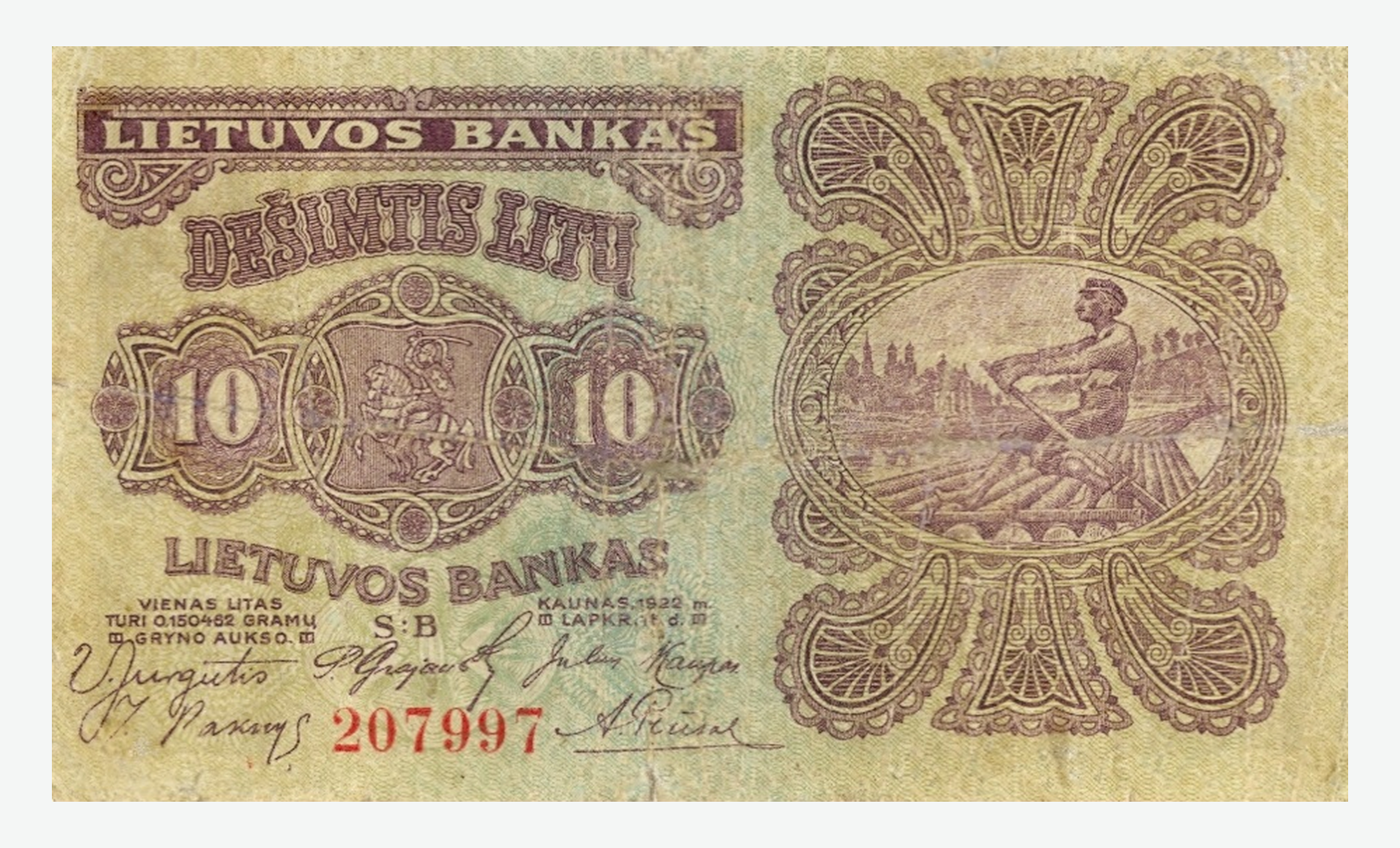 1922 m. Lietuvos 10 litų banknoto aversas