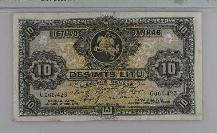 1927 m. Lietuvos 10 litų banknoto aversas