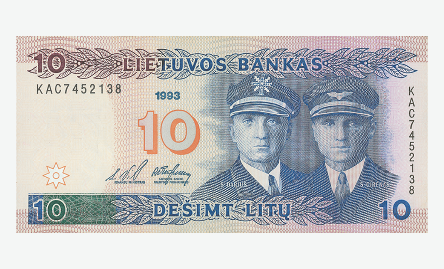 1993 m. Lietuvos 10 litų banknoto aversas