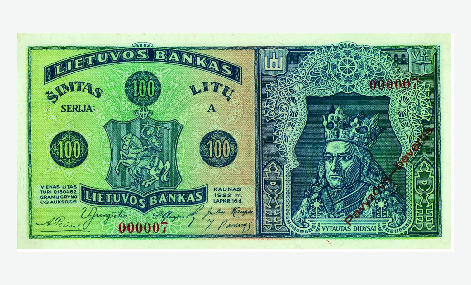 1922 m. Lietuvos 100 litų banknoto aversas
