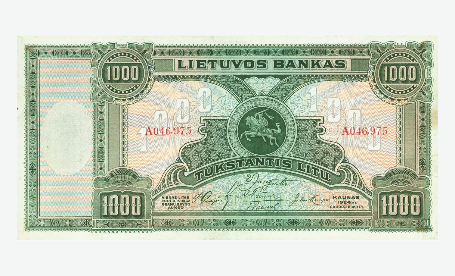 1924 m. laidos Lietuvos 1000 litų banknoto aversas