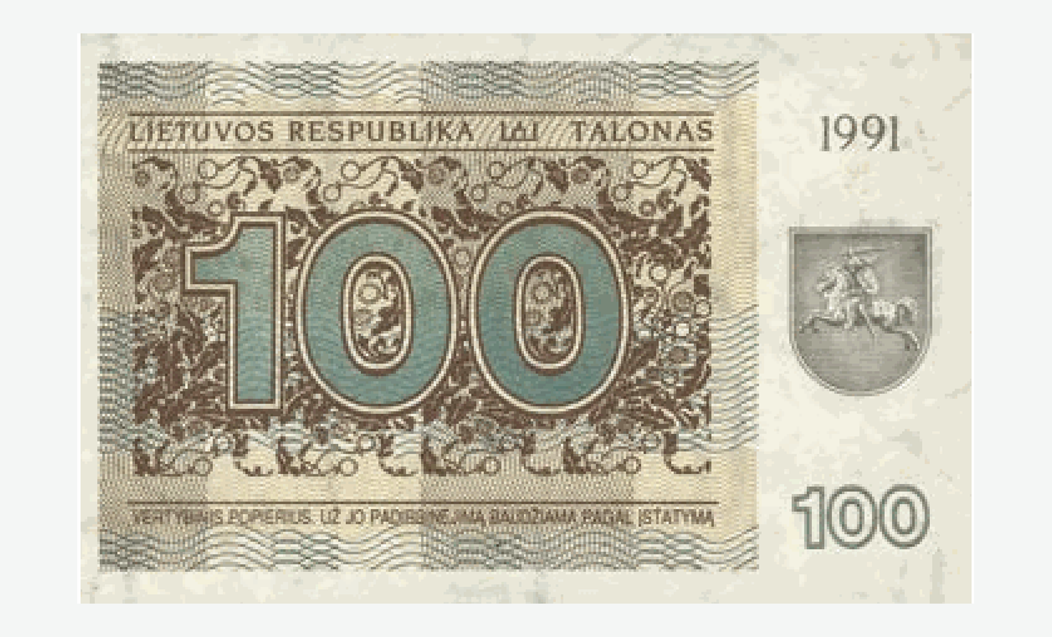 1991 m. aversas Lietuvos 100 talonų talono aversas