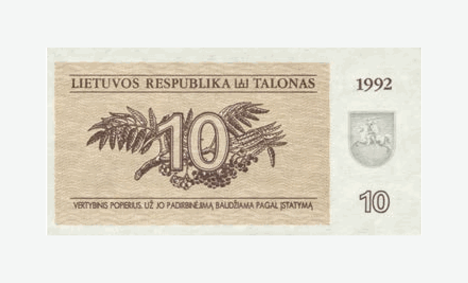 1992 m. aversas Lietuvos 10 talonų talono aversas