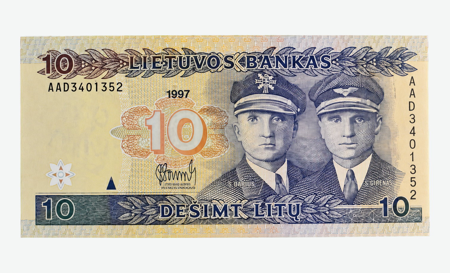 1997 m. Lietuvos 10 litų banknoto aversas