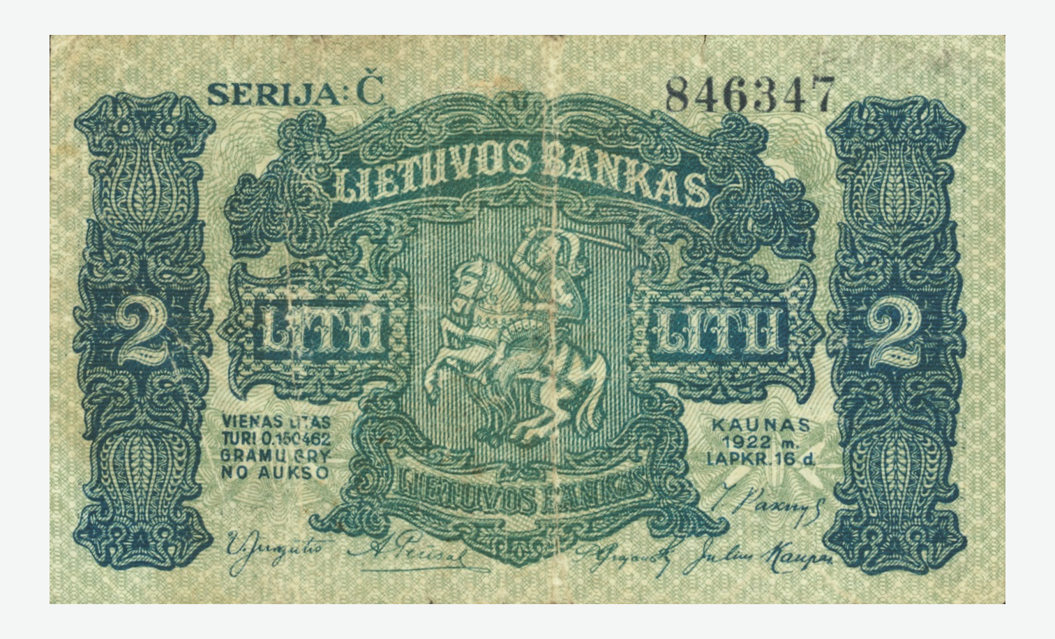 1922 m. Lietuvos 2 litų banknoto aversas
