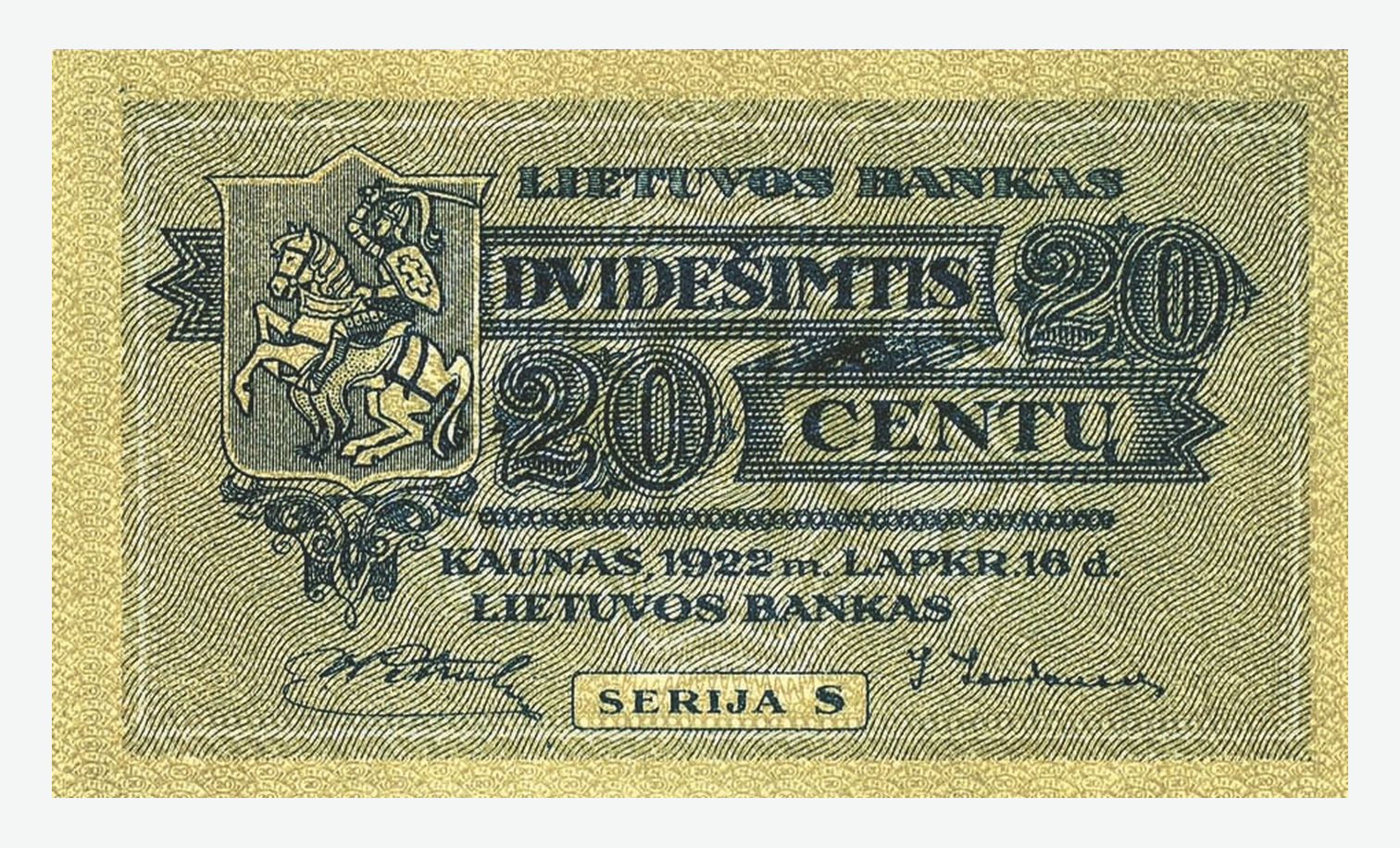 1922 m. Lietuvos 20 centų banknoto aversas
