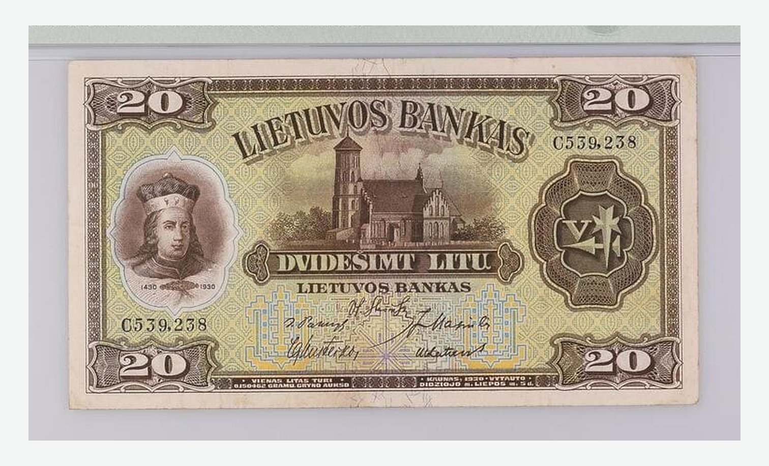 1930 m. Lietuvos 20 litų banknoto aversas