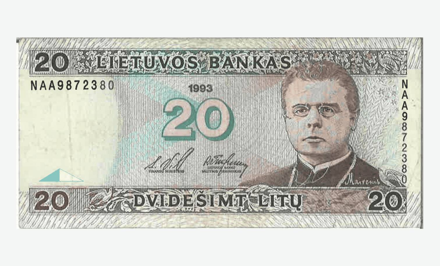 1993 m. Lietuvos 20 litų banknoto aversas