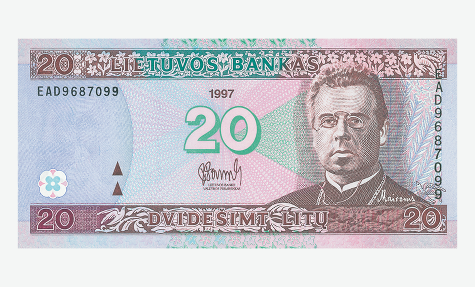 1997 m. Lietuvos 20 litų banknoto aversas