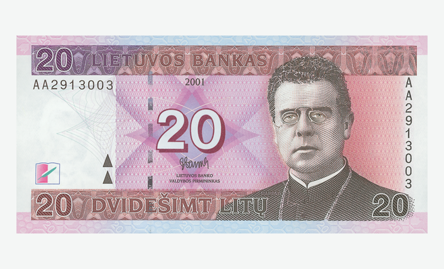 2001 m. Lietuvos 20 litų banknoto aversas
