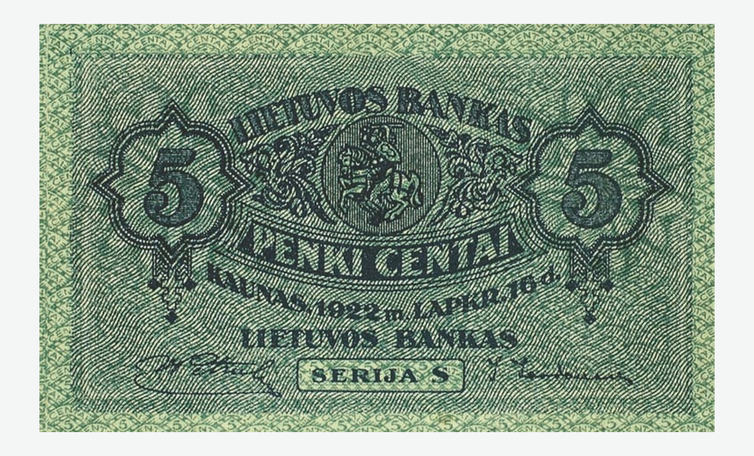 1922 m. Lietuvos 5 centų banknoto aversas