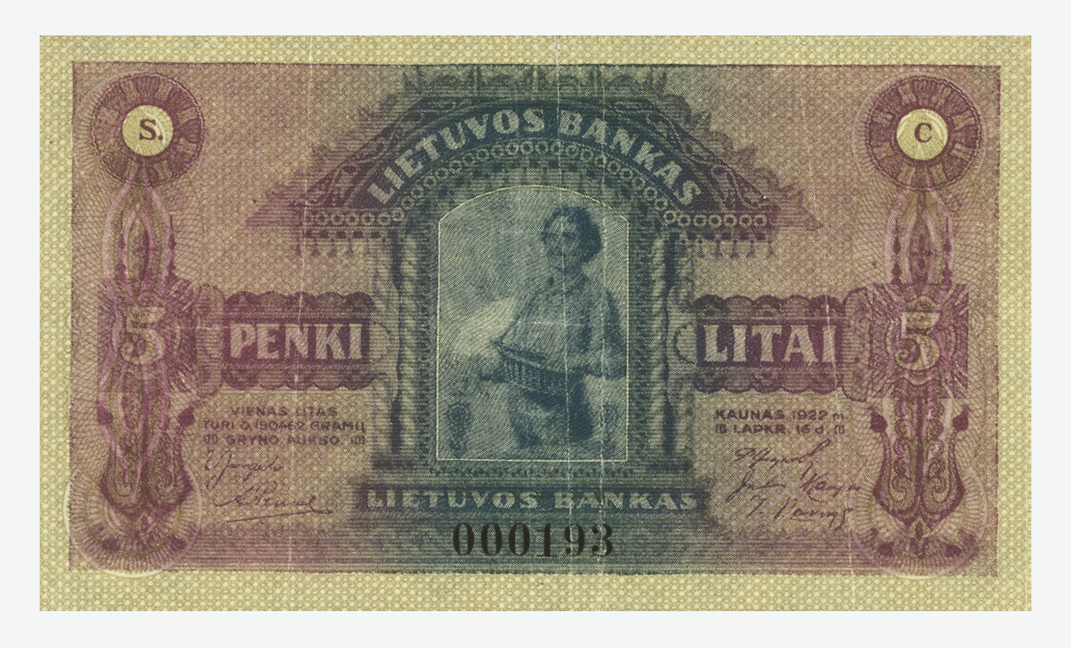 1922 m. Lietuvos 5 litų banknoto aversas