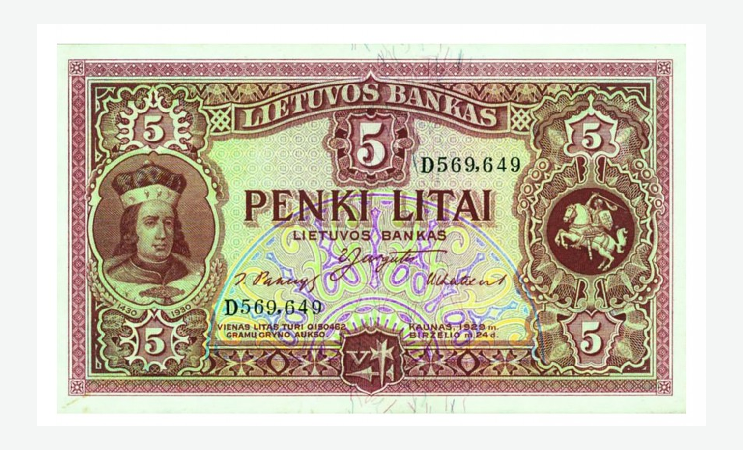 1929 m. Lietuvos 5 litų banknoto aversas
