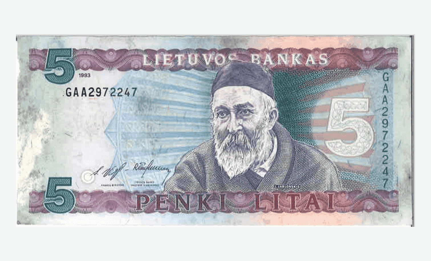 1993 m. Lietuvos 5 litų banknoto aversas