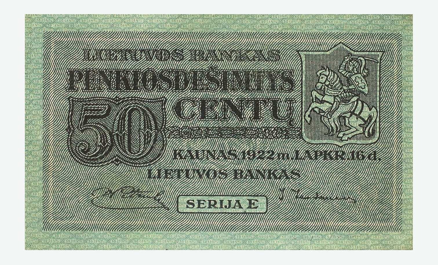 1922 m. Lietuvos 50 centų banknoto aversas