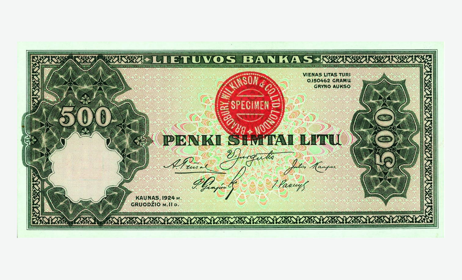 1924 m. laidos Lietuvos 500 litų banknoto aversas