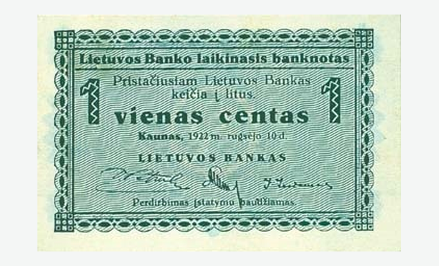 1922 m. laikinojo Lietuvos 1 cento banknoto aversas