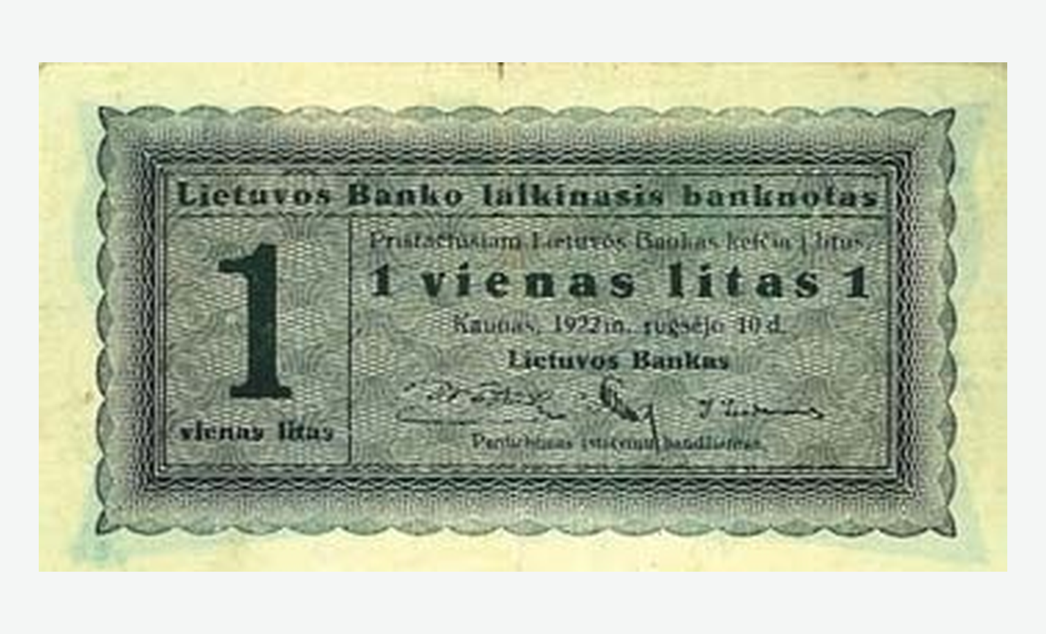 1922 m. laikinojo Lietuvos 1 lito banknoto aversas