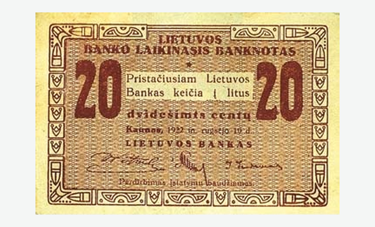1922 m. laikinojo Lietuvos 20 centų banknoto aversas
