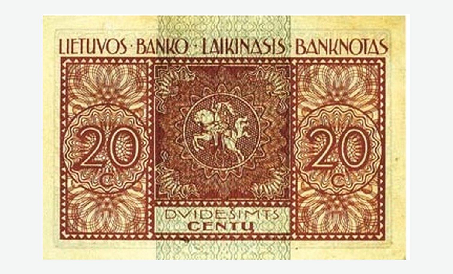 1922 m. laikinojo Lietuvos 20 centų banknoto reversas