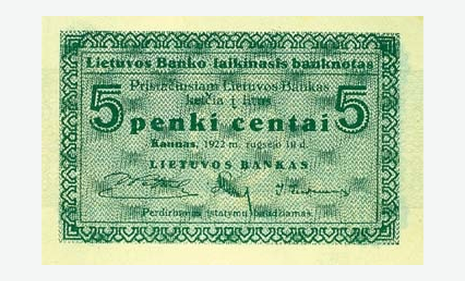 1922 m. laikinojo Lietuvos 5 centų banknoto aversas