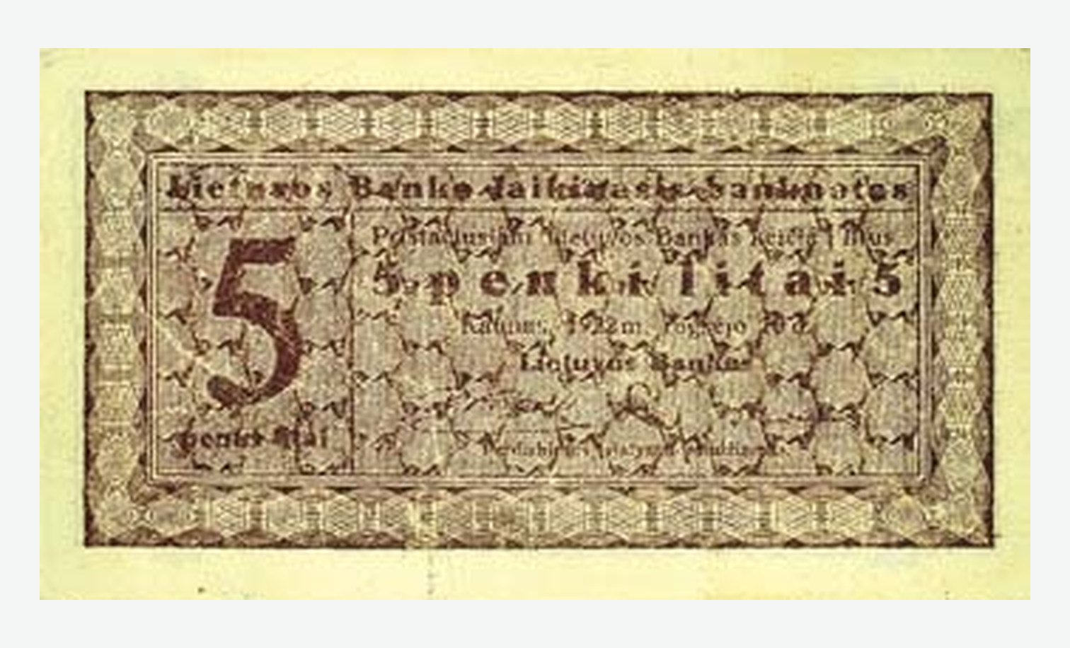1922 m. laikinojo Lietuvos 5 litų banknoto aversas
