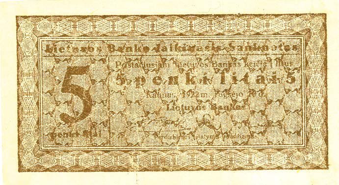 1922 m. laikinojo 5 litų banknoto aversas