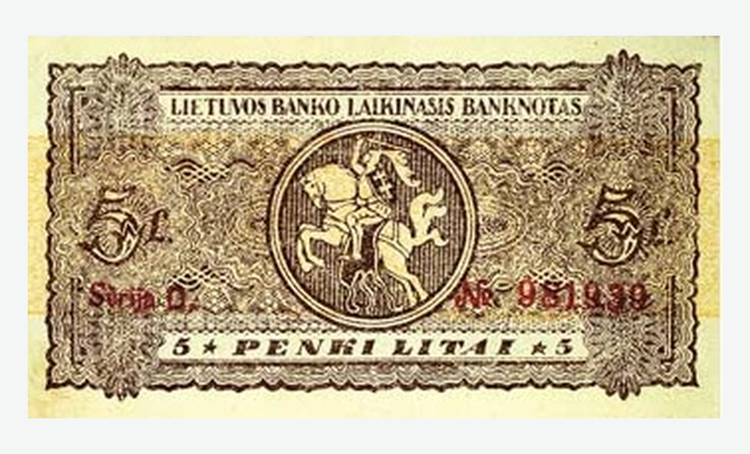 1922 m. laikinojo Lietuvos 5 litų banknoto reversas