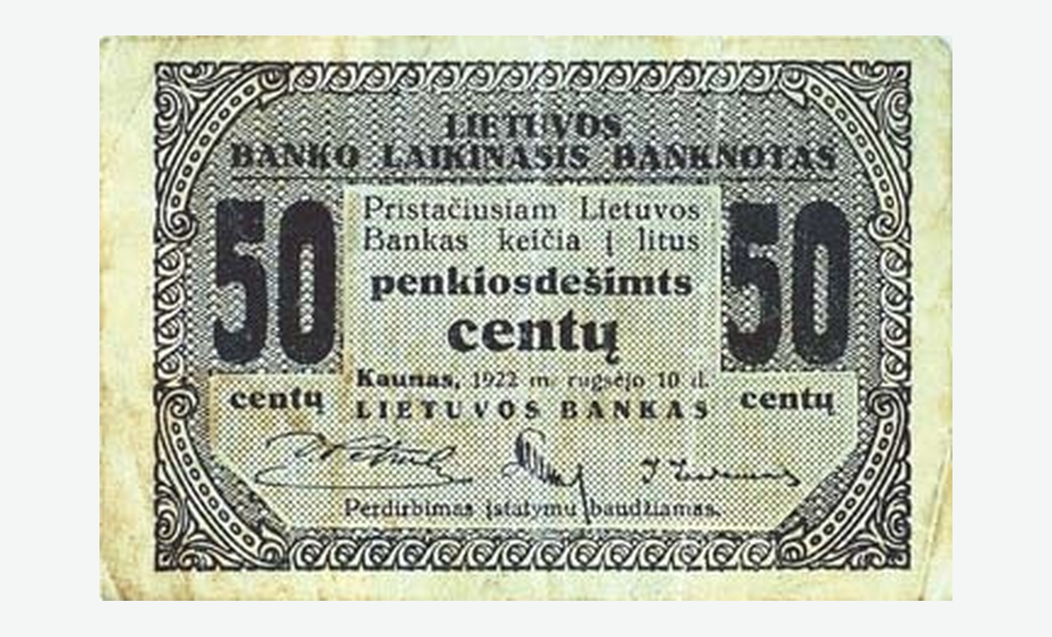 1922 m. laikinojo Lietuvos 50 centų banknoto aversas